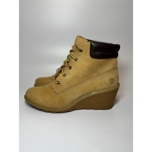 Timberland Women's Amston Wedge High Heel Wheat Suede Leather Boots SIZE 9 - Picture 3 of 16